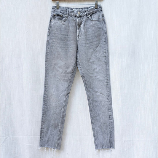 Zara Shimmer Gray Denim Raw Hem High-Rise Ankle Leg Jeans, size 2