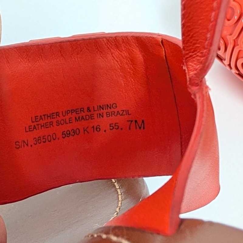 Tory Burch Lowell Orange Red Leather Logo Block Heel Sandals Women's 7M