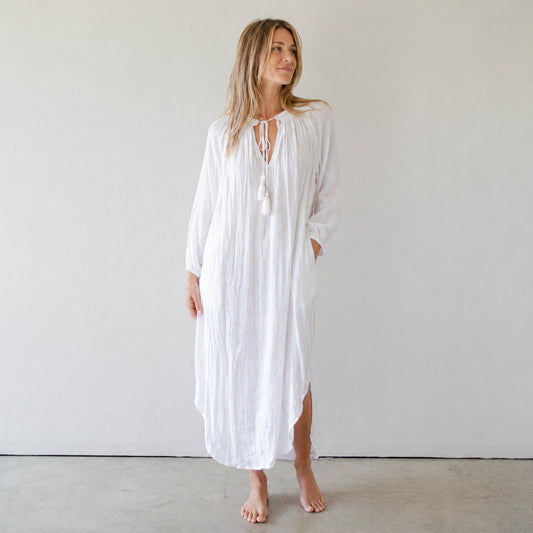 Vince Dress Womens XS White Gauze Sheer Peasant Tassel Long Sleeve Tunic Midi