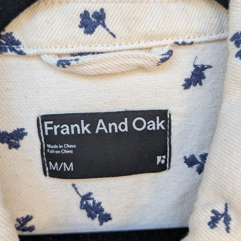 Frank & Oak Cream/White Floral Denim Button-up Long Sleeve Overshirt, size M