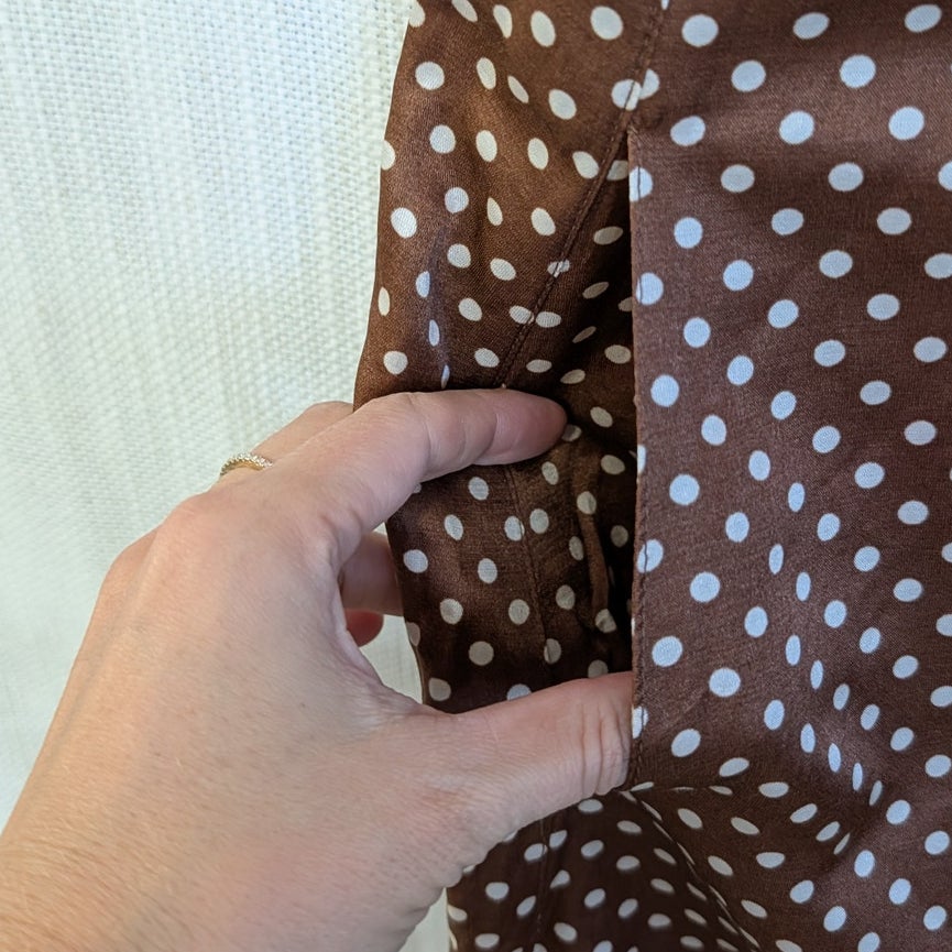 Raquel Allegra Brown White Polka Dot Silk Cotton Midi Dress Size 0
