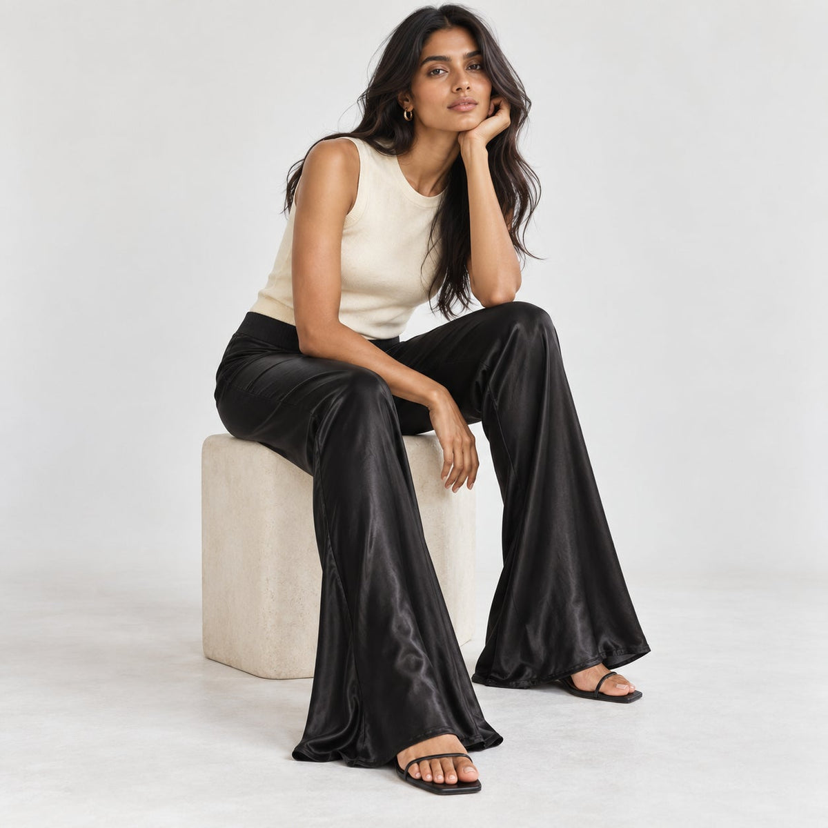 Enza Costa Satin Bias Cut Flare Pants Black Size 2/M