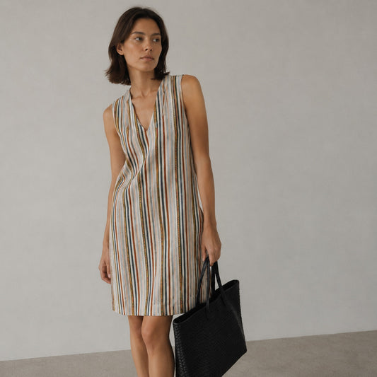Theory Linen Blend Mini Dress Womens 12 Multi Striped Sleeveless V-neck