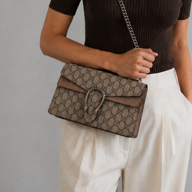Gucci GG Dionysus Tiger Head  Canvas Shoulder Bag Womens Beige Logo Metal Chain