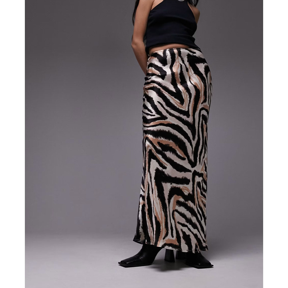 Topshop Tiger Animal Print Maxi Bias Satin High Rise A-line Skirt in Multi, sz 4
