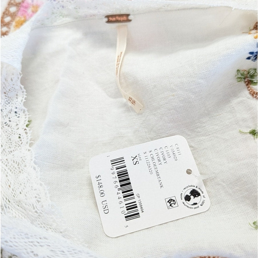 Free People Chloe Embroidered Tank Top Womens XS Linen/Cotton Sleeveless NWT