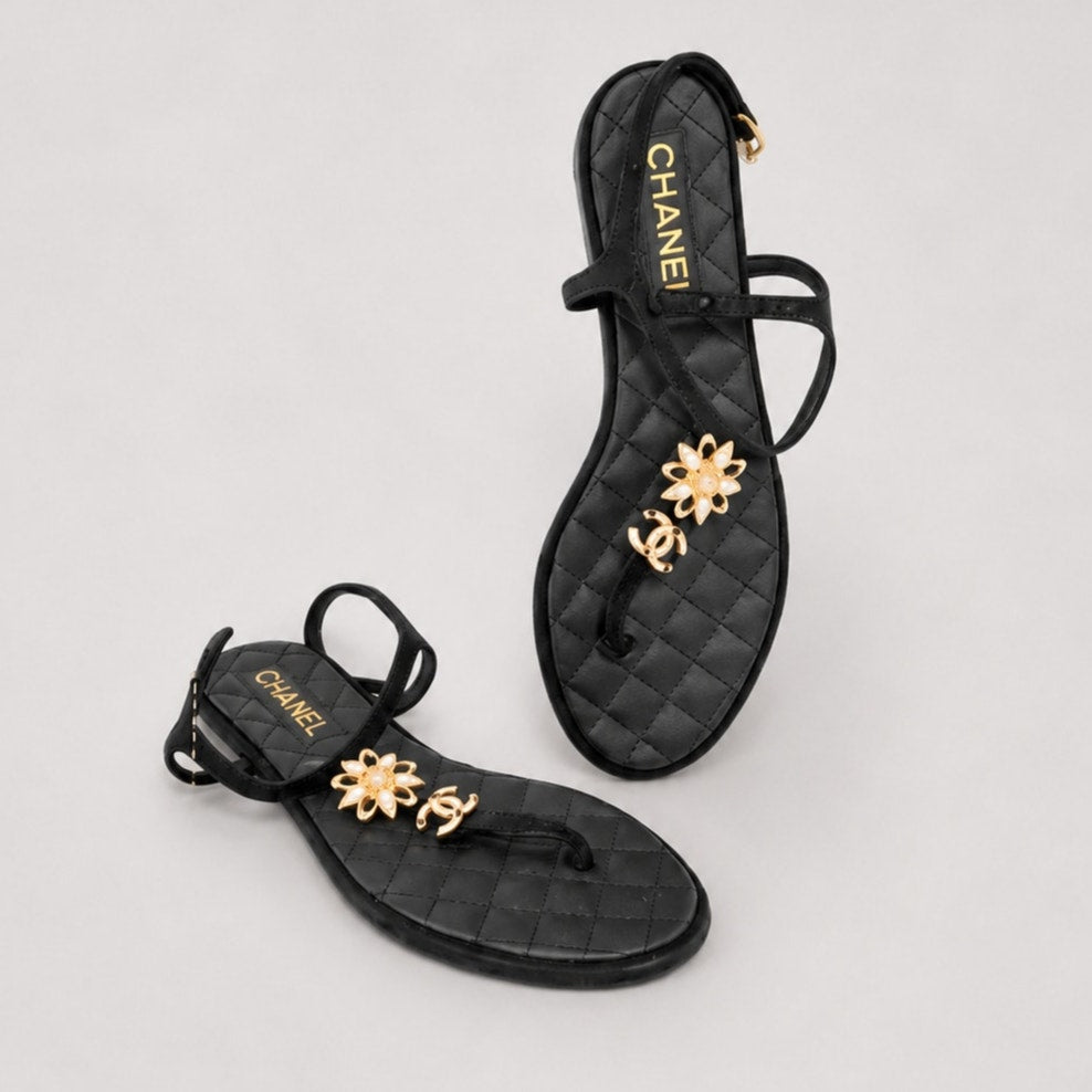 Chanel Thong Sandals G45025 Womens EU40/US9 Black/Gold Leather Strap Floral Logo