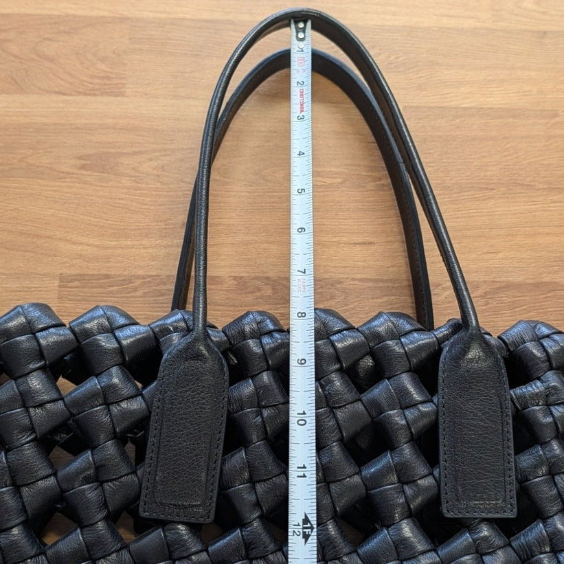 Black Genuine Leather Woven Tote Bag Large Shoulder Handbag Open Top Womens