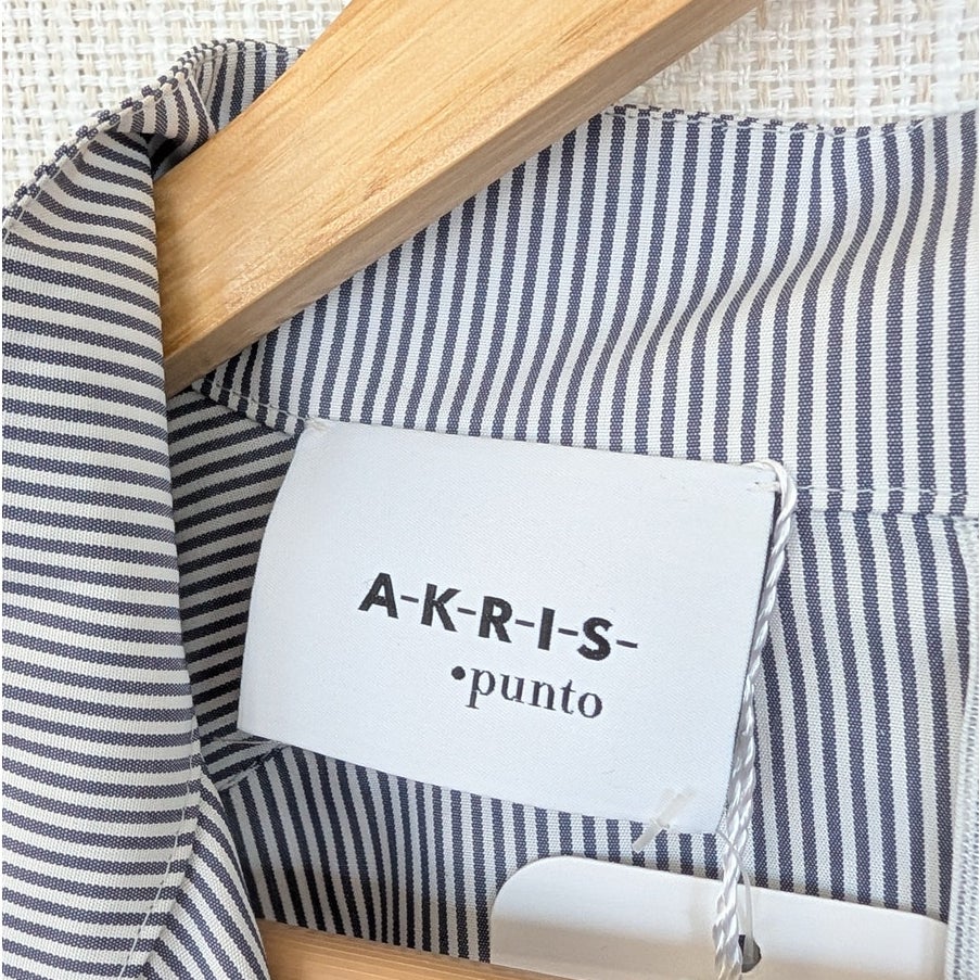 Akris Punto Blue/White Micro Striped Belted Midi Dress Womens 10 NWT