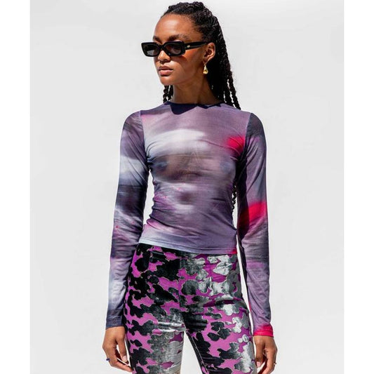 MIAOU Sheer Mesh Crewneck Long Sleeve Tee in Motion Pink, size S