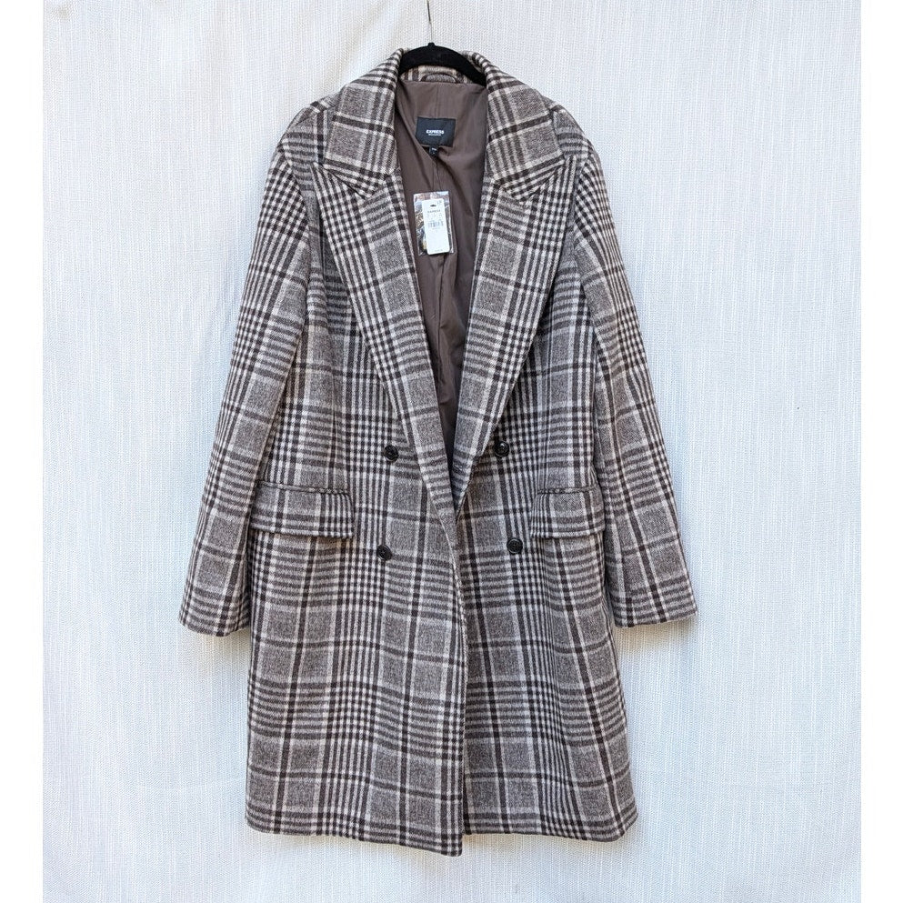 Express Plaid Double-Breasted Wool-Blend Topcoat Unisex Mens L Brown Long NWT