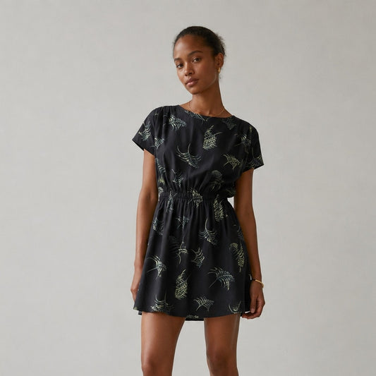MOMONI Black Floral Print Silk Blend Short Sleeve Short Mini Dress, size S