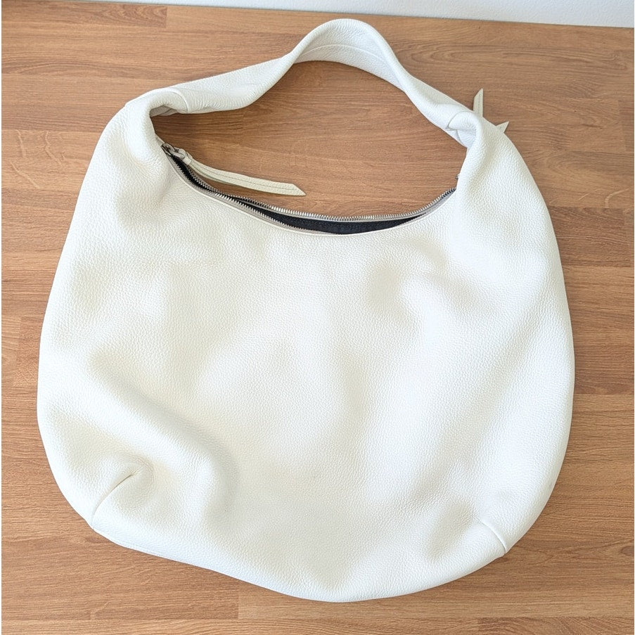 Prada Vitello Daino Leather Hobo Shoulder Bag Womens White Logo Zipper