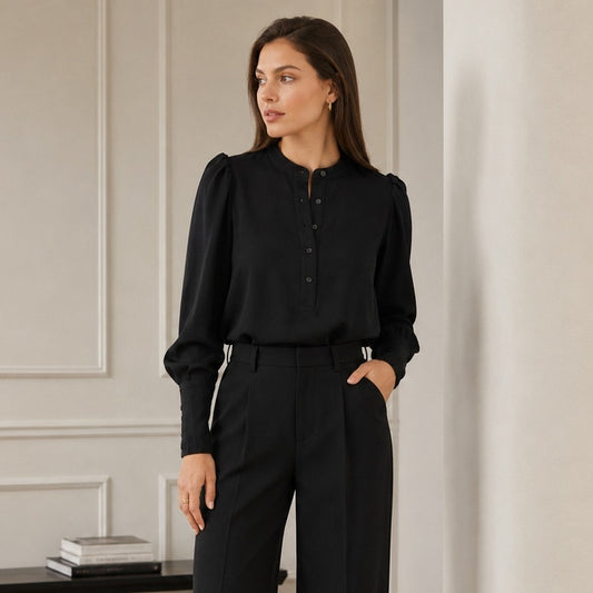 A.L.C. Markle Top Blouse Womens 2 Black Crewneck Button-up Long Sleeve