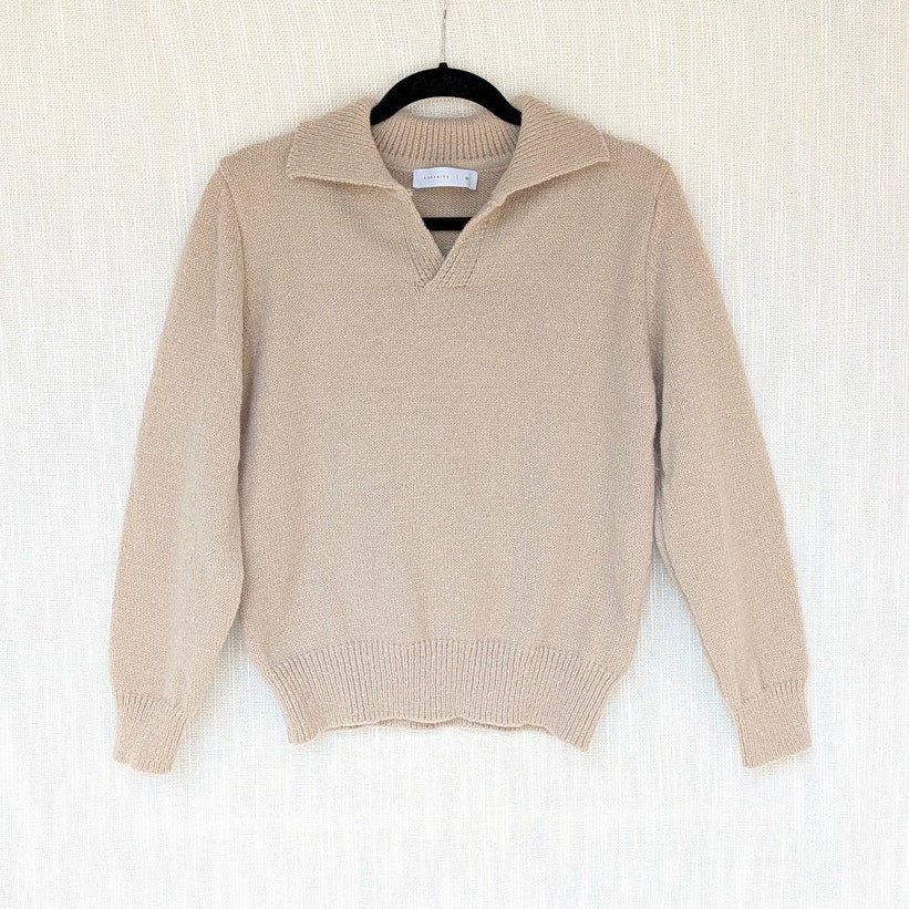 Reveriee Sweater Womens OS Beige Cotton Knit Casual Collared Long Sleeve
