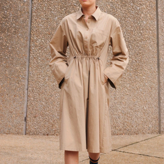 JW Anderson x Uniqlo Shirt Dress Womens S Beige Cotton Drawstring Waist Casual