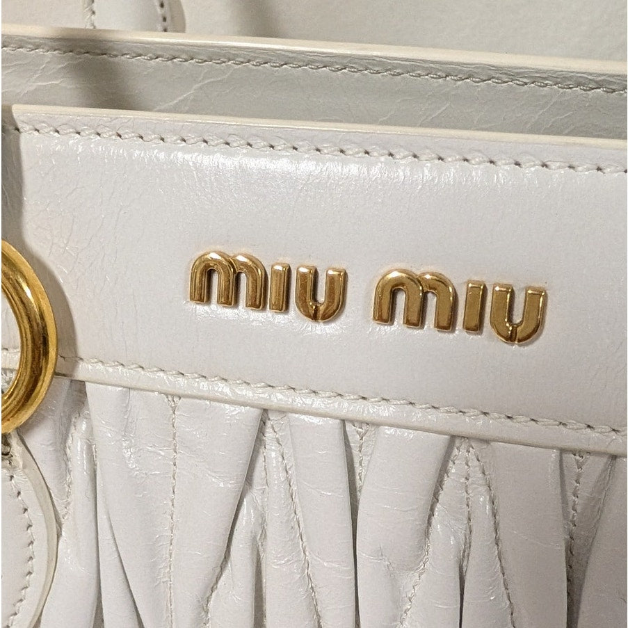 Miu Miu Matelassé Leather Handbag in White Quilted Logo Crossbody Strap