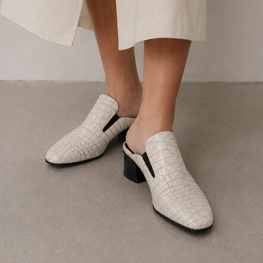 Dries Van Noten Leather Croc Print Mules Womens IT 39.5/US 9.5 White Heeled
