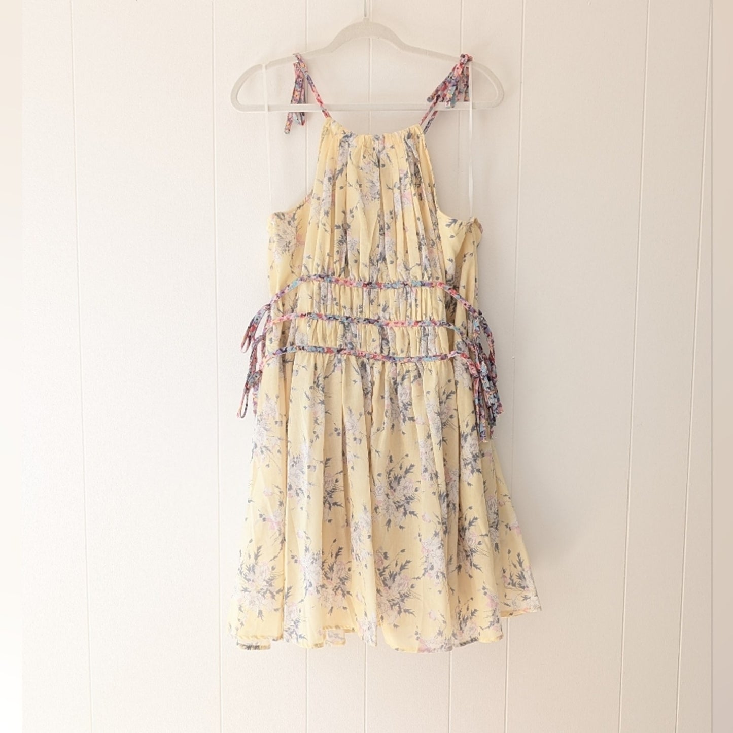 NWT 70/21 Floral Yellow 100% Cotton Halter Mini Dress, size L
