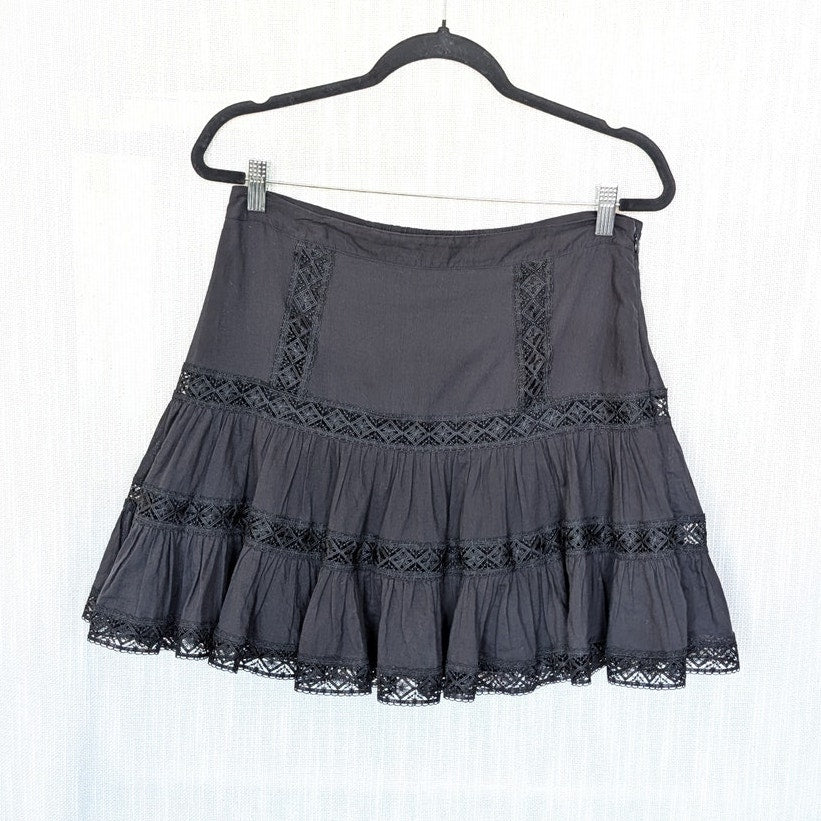 Charo Ruiz Ibiza Hortens Lace Mini Skirt Womens L Black Ruffle A-line Cotton