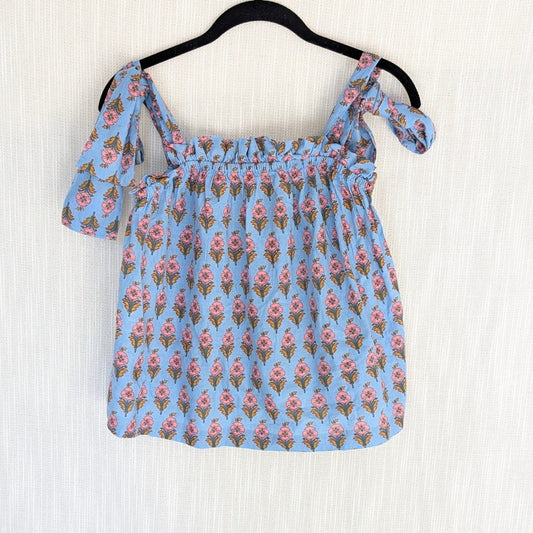 Marea Blue Floral Tie Shoulder Sleeveless Cotton Blouse Top, size XL