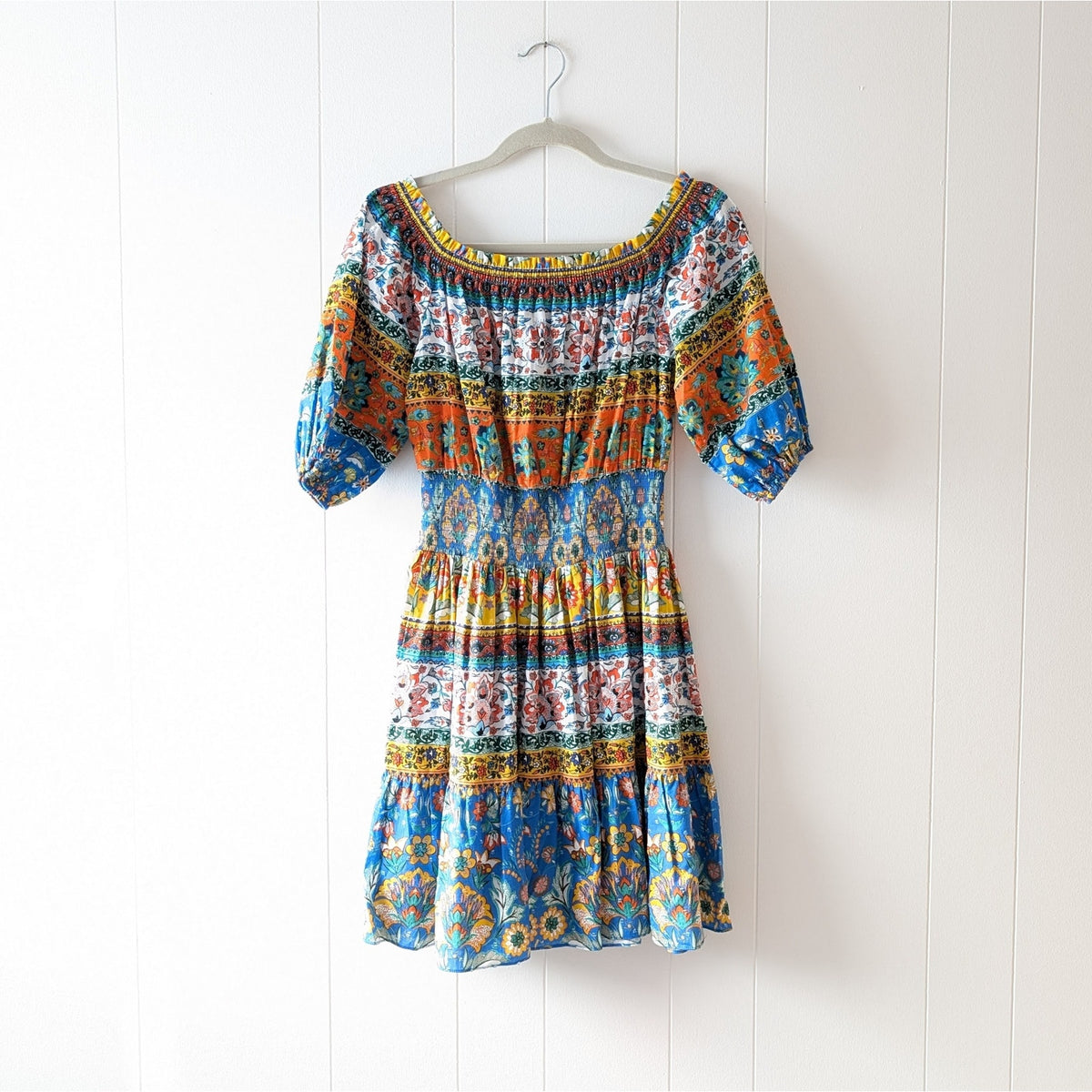 Shoshanna Solstice Cotton Off-Shoulder Multicolor Mini Dress, size XS