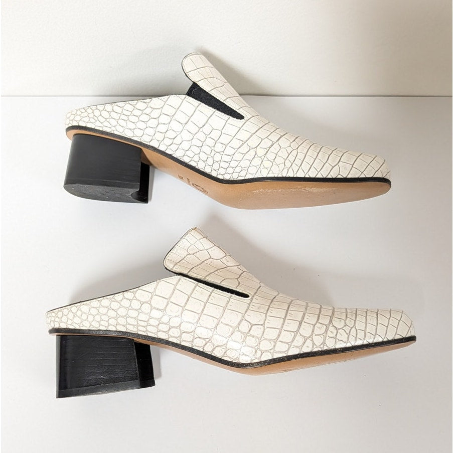 Dries Van Noten Leather Croc Print Mules Womens IT 39.5/US 9.5 White Heeled
