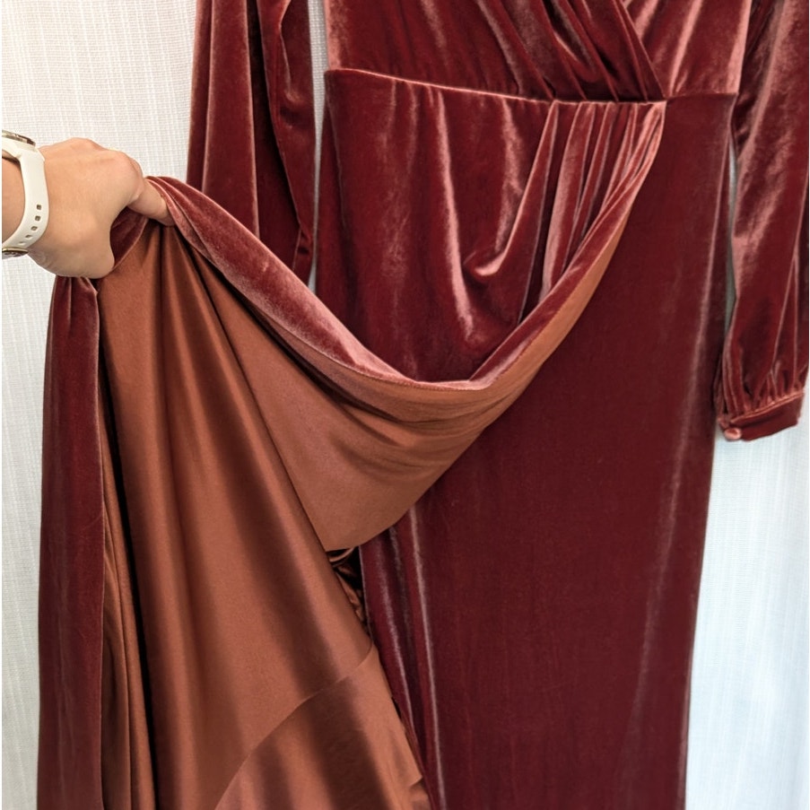 Reverly Vera Velvet V neck Long Sleeve Front Slit Wrap Maxi Dress, size 6