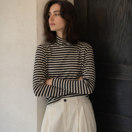 Muji Black/Cream Cotton Striped Turtleneck Long Sleeve Top, size S