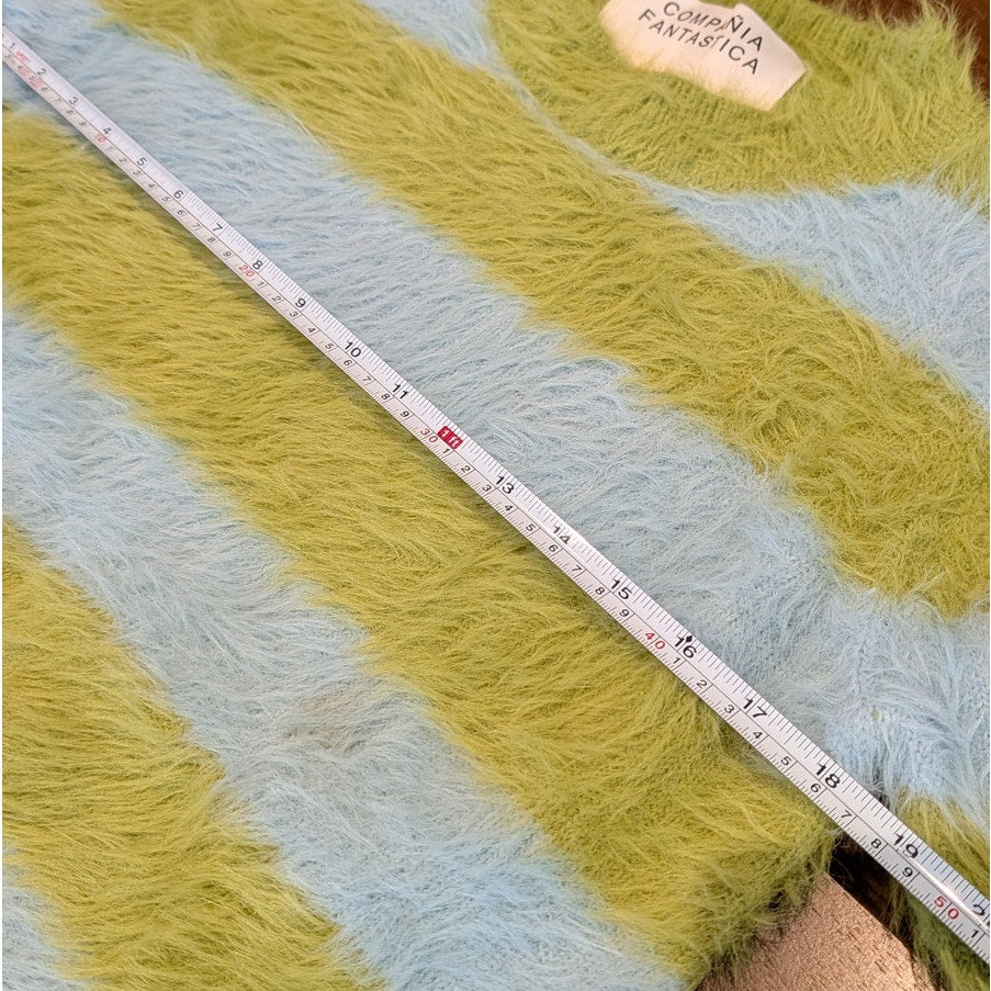 Compania Fantastica Fluffy Textured Knit Sweater in Green Striped Print, size S