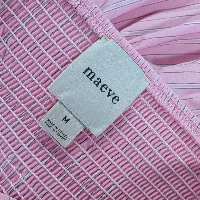 Maeve Sleeveless Fitted A-Line Midi Dress Womens M Pink Striped Pleated Detail