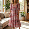 Eddy Hayley Red Floral Print Puff Sleeve Cotton Tiered Midi Dress, size L