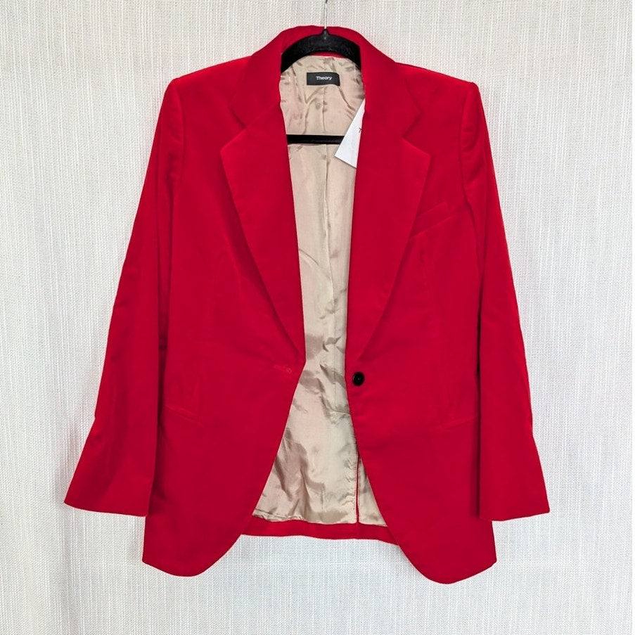 Theory Cinched Blazer J0804105 Womens 4 Bright Red Velvet Single-breasted NWT