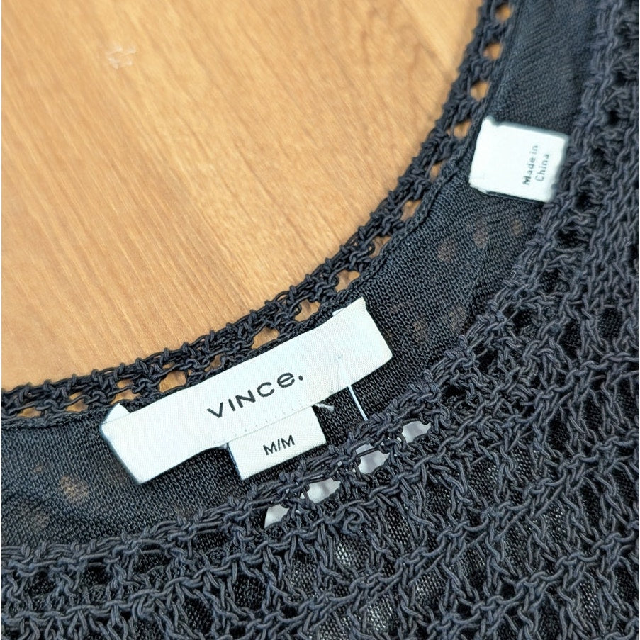 Vince Tank Womens M Black Cotton Knit Crochet Sleeveless Round Neck
