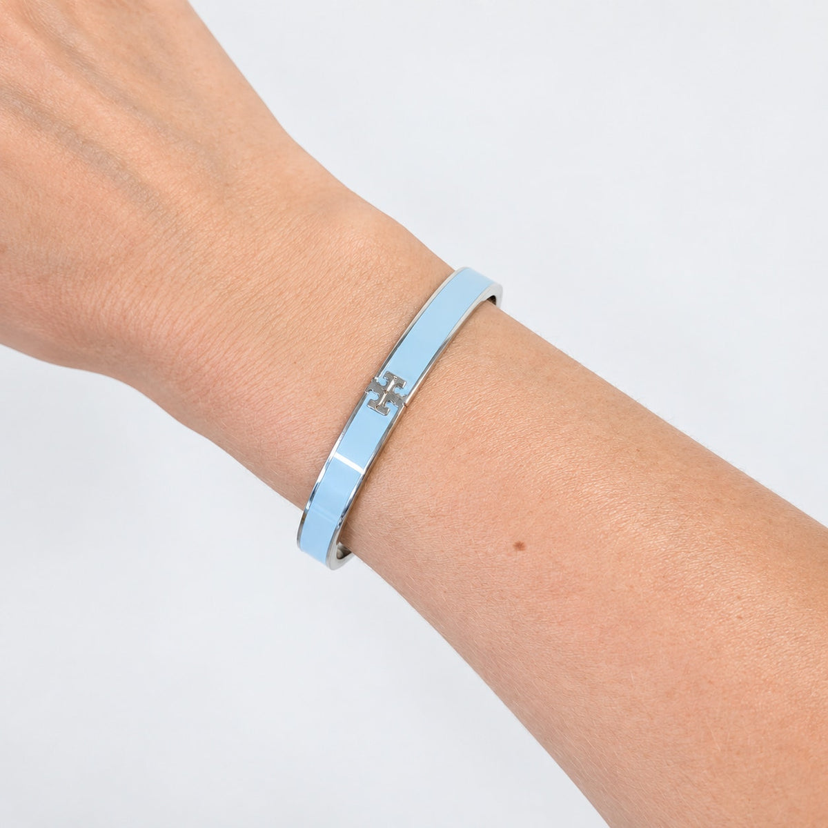 Tory Burch Kira Light Blue Enamel Silver Tone Hinged Bangle Bracelet