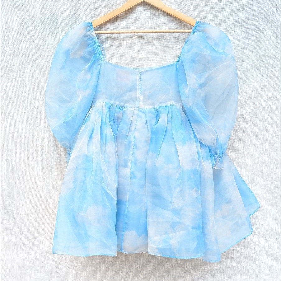 Selkie Blue Organza Head in the Clouds French Puff Short Dress, size L