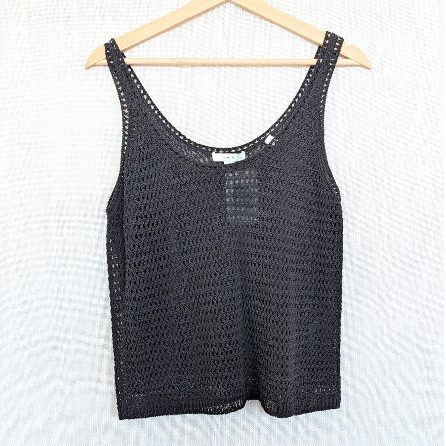 Vince Tank Womens M Black Cotton Knit Crochet Sleeveless Round Neck