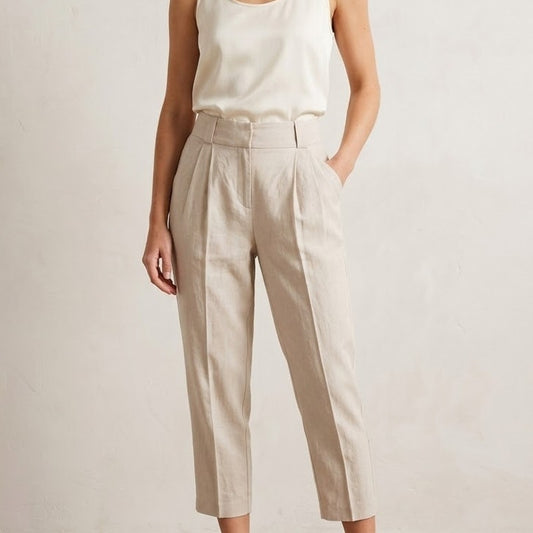 Ted Baker Pants Womens 0/US 2 Beige Linen High-rise Cropped Pleated Trousers