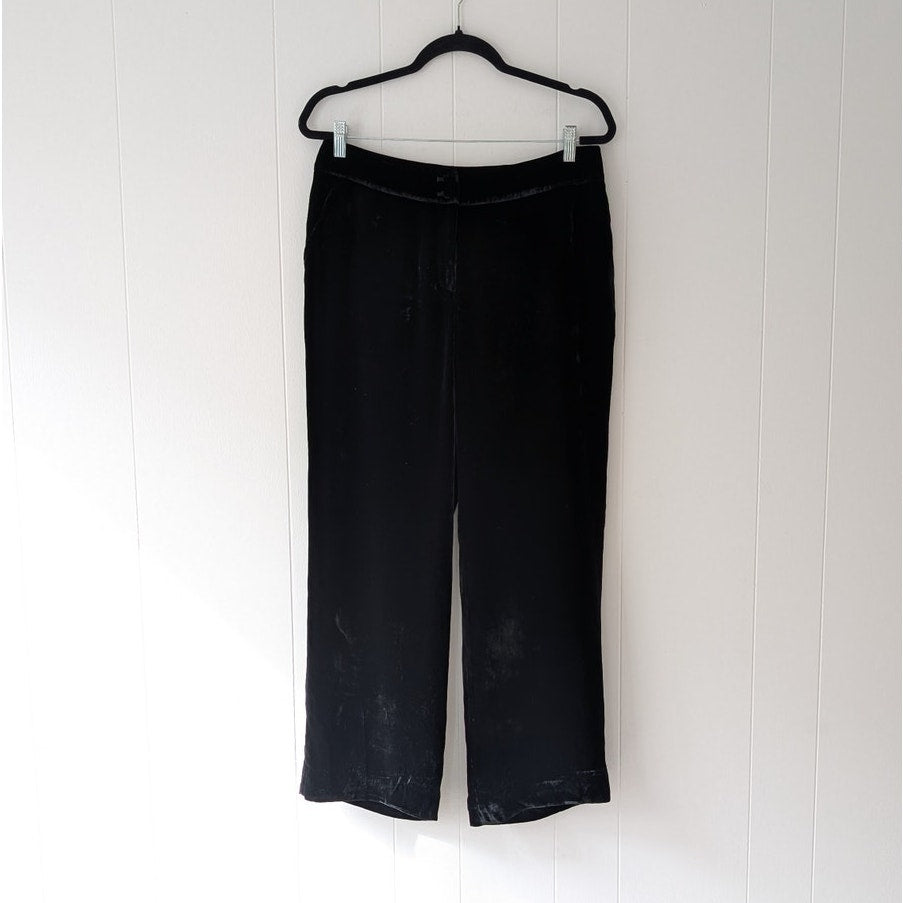 Swing Black Velvet Silk Blend Mid-rise Wide Leg Ankle Trousers Pants, size FR 40