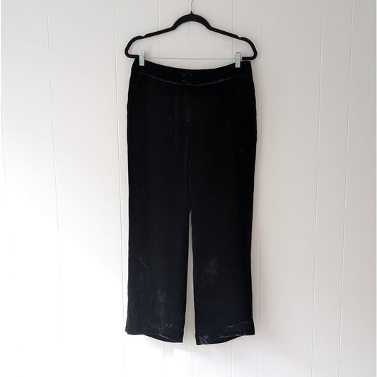 Swing Black Velvet Silk Blend Mid-rise Wide Leg Ankle Trousers Pants, size FR 40