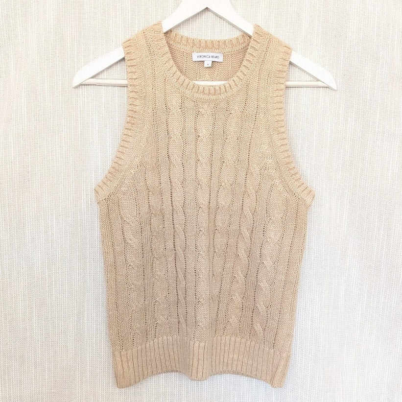 Veronica Beard Jerrel Beige Linen/Silk Cable Knit Vest Tank Top, size M
