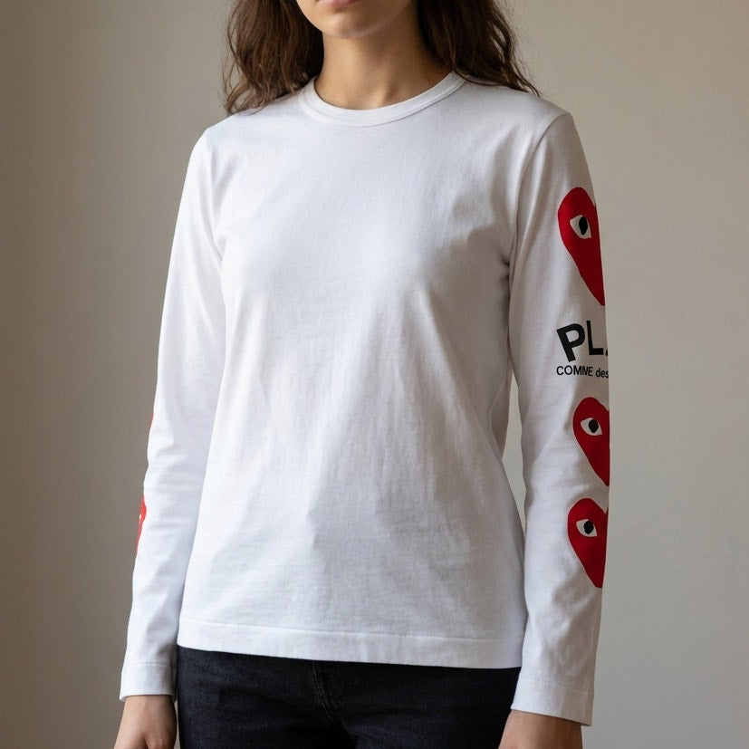Comme des Garcons Play Heart Sleeve Long Sleeve T-Shirt Women L White Crewneck