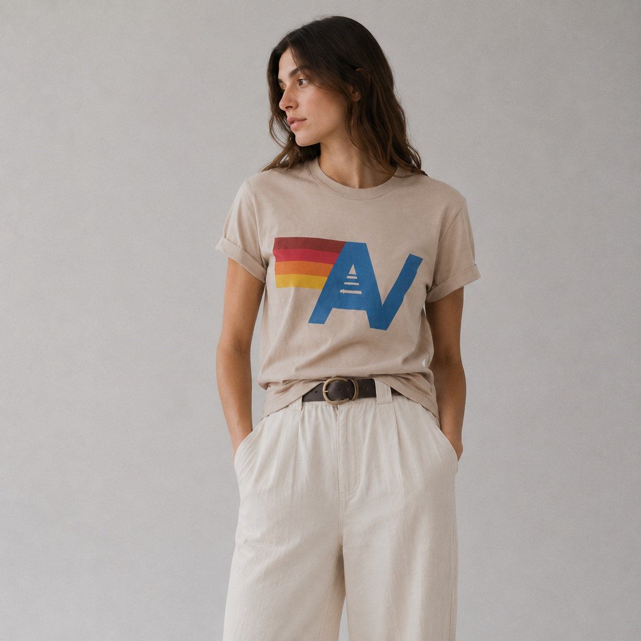Aviator Nation Logo Tee Unisex Womens S Tan Crewneck Short Sleeve Boyfriend