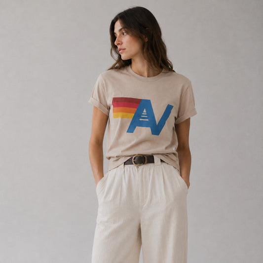 Aviator Nation Logo Tee Unisex Womens S Tan Crewneck Short Sleeve Boyfriend