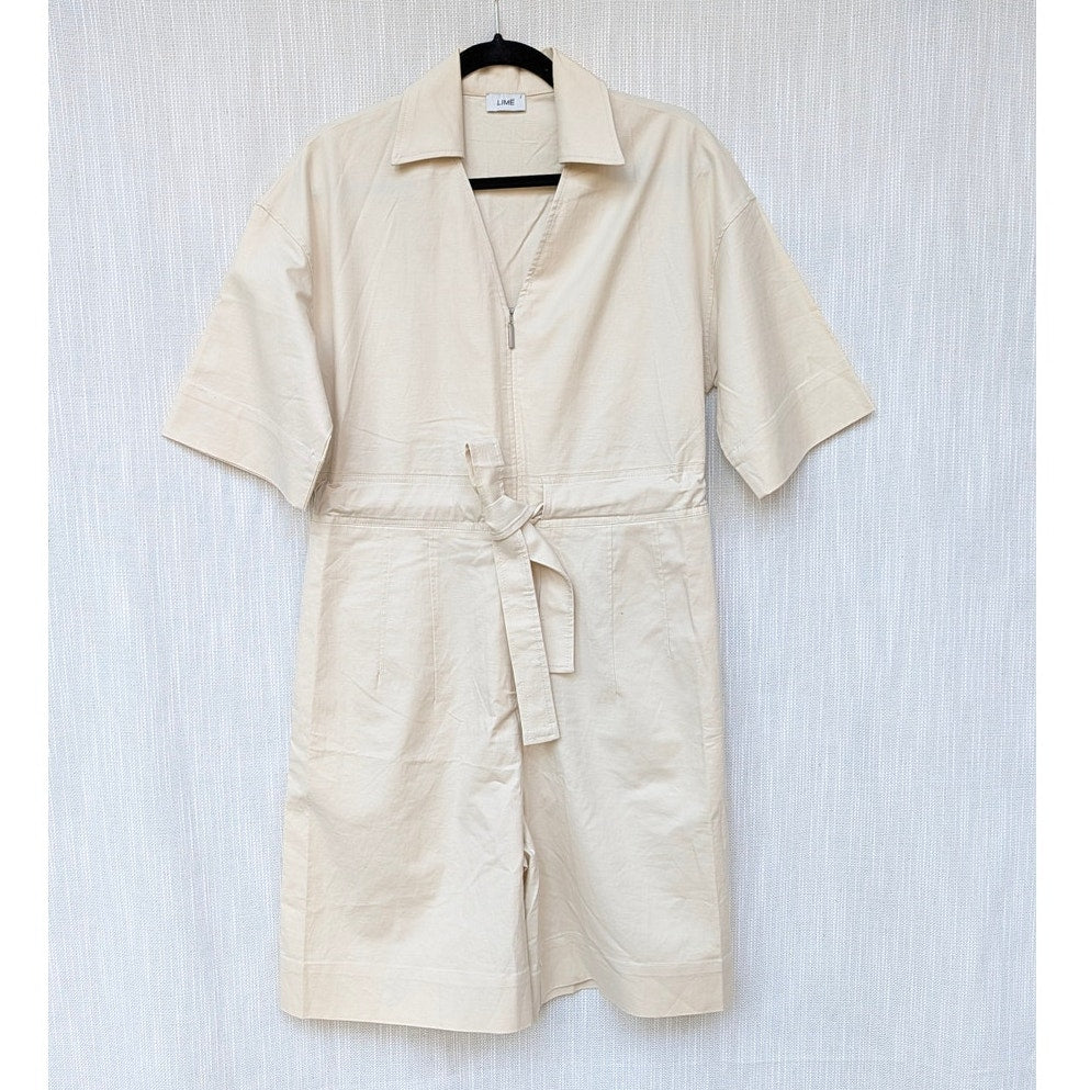 Lime Jumpsuit Womens S Ivory Linen Short Sleeve V-neck Zip Mid-thigh Catsuit
