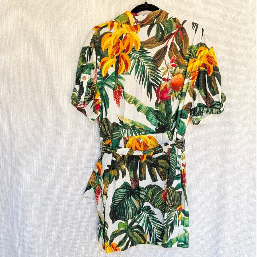House of Harlow 1960 Dress Womens L Linen Blend Tropical Print Mini Shirt Dress