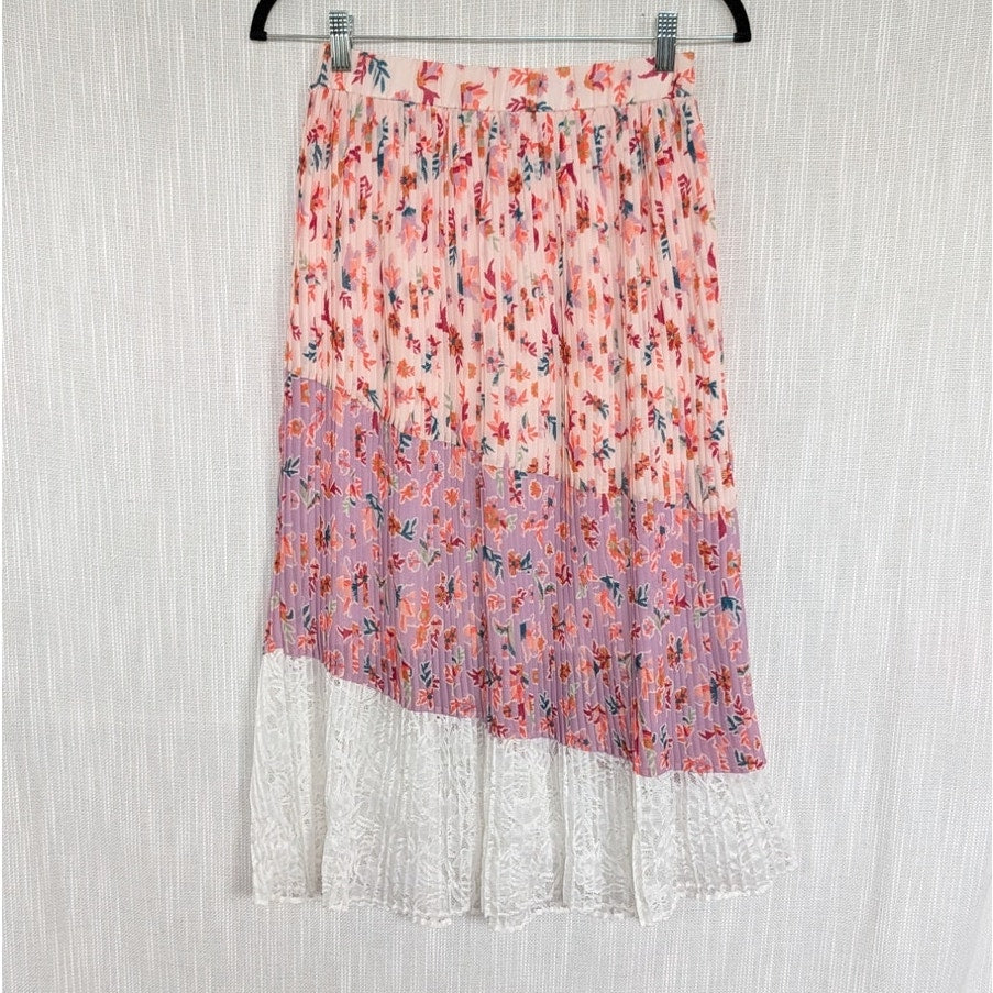 LAIA Floral Pleated Midi Skirt Women's XS Multi Lace Elastic Waist A-line