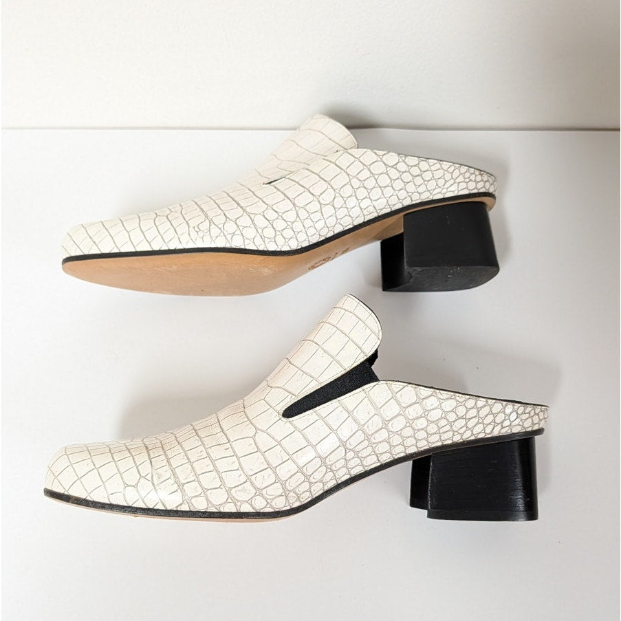 Dries Van Noten Leather Croc Print Mules Womens IT 39.5/US 9.5 White Heeled