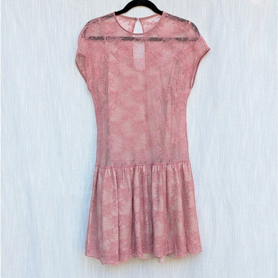 RED Valentino Lace Dress Womens IT 48/ L Pink Belted Short Sleeve Ruffle Mini