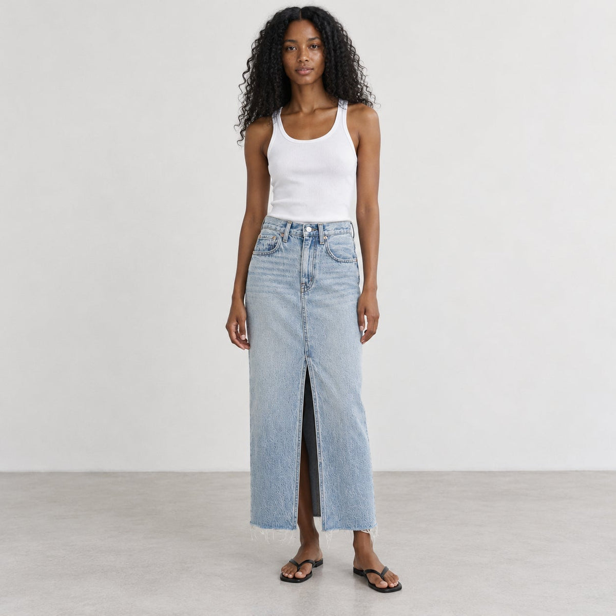 Pistola Alice Denim Midi Skirt Brooklyn Light Blue Front Slit Raw Hem Size 24